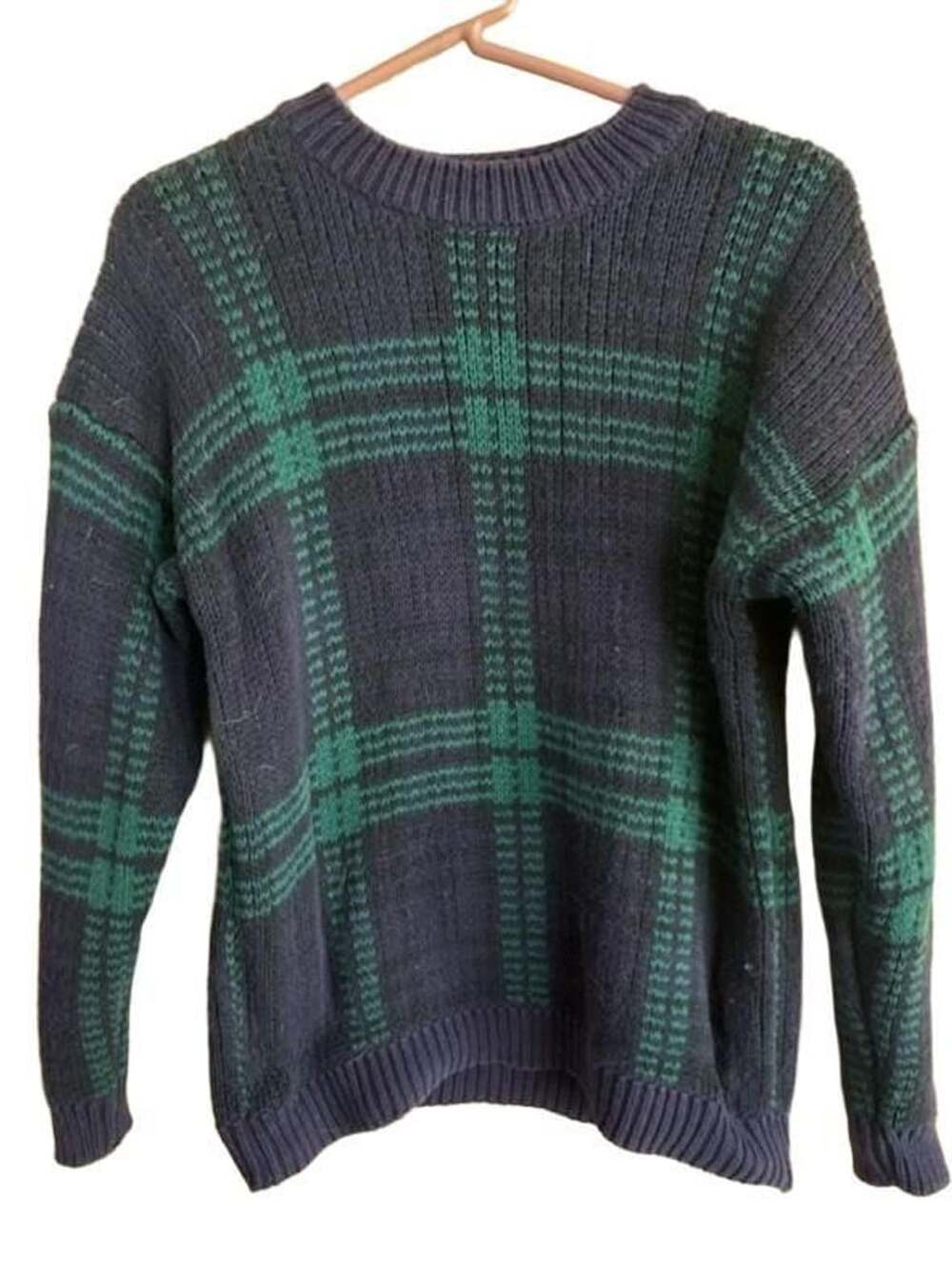 Vintage Gap Plaid Crewneck Cotton Knit Sweater Size XL Blue Green